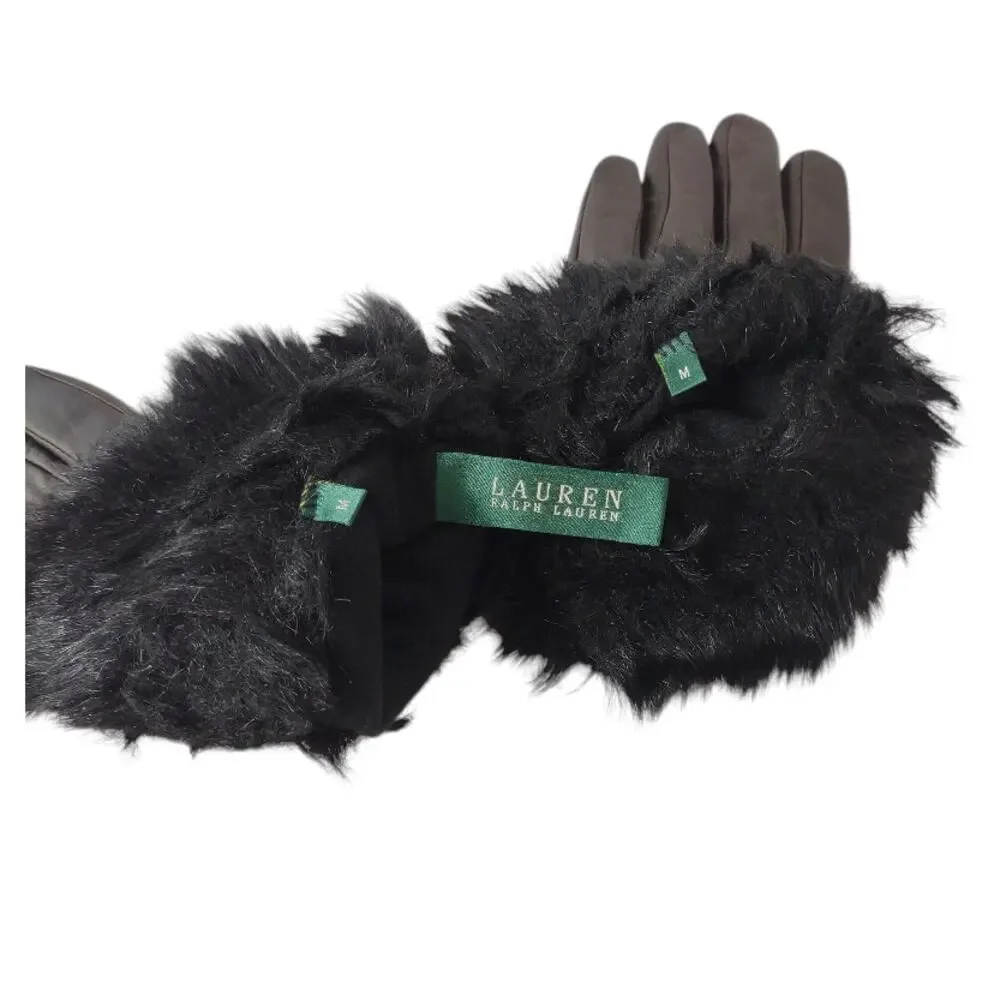 LAUREN Brown Leather Gloves Size M Designer Black Faux Fur Trim Classy Elegant